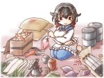  1girl alternate_costume artist_logo black_hair blue_kimono box braid breasts cannon carrot commentary_request daikon drum_(container) folded_ponytail food hair_flaps japanese_clothes jar jingei_(kancolle) kantai_collection kappougi kimono kutone_shirika large_breasts long_hair low_ponytail potato radish red_eyes rice sack side_braid sitting solo spring_onion sweet_potato torpedo wariza 