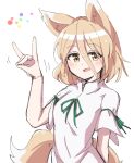  1girl :d animal_ears blush breasts brown_eyes commentary_request eyebrows_visible_through_hair fox_ears fox_shadow_puppet fox_tail hair_between_eyes hand_up kudamaki_tsukasa light_brown_hair looking_at_viewer medium_breasts mizukena_(pokesun) motion_lines open_mouth romper short_hair short_sleeves simple_background sketch smile solo tail touhou upper_body white_background white_jumpsuit 