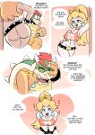  absurd_res anthro belt bowser breasts cleavage clothed clothing dialogue duo english_text female funsexydragonball hi_res human koopa male mammal mario_bros nintendo princess_peach scalie seductive simple_background skimpy speech_bubble text video_games 