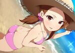  1girl ass beach bikini brown_hair collarbone dutch_angle flat_chest from_behind hair_ornament hair_scrunchie hat highres idolmaster idolmaster_(classic) idolmaster_2 jabara_tornado long_hair looking_at_viewer minase_iori open_mouth pink_bikini red_eyes scrunchie smile solo sparkle straw_hat swimsuit 