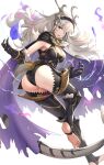  1girl armor ass aura bangs black_armor black_gloves black_leotard breasts cape cleavage commentary_request corrin_(fire_emblem) corrin_(fire_emblem)_(female) dark_aura dragon_tail fire_emblem fire_emblem_fates fire_emblem_heroes floating floating_object frills gloves gold_trim gonzarez hair_ornament hairband highres horns leotard long_hair looking_at_viewer looking_back manakete medium_breasts open_mouth pointy_ears red_eyes shiny shiny_hair silver_hair solo stone tail thighs toes torn_cape torn_clothes white_background 