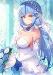  1girl bare_shoulders blue_flower blue_hair blue_rose blush bouquet breasts bridal_veil center_frills cleavage closed_mouth commentary_request detached_collar dress elbow_gloves flower frills gloves hair_flower hair_ornament haoni holding holding_bouquet hololive large_breasts long_hair looking_at_viewer low_twintails pillar pointy_ears rose smile solo strapless strapless_dress twintails veil very_long_hair virtual_youtuber wedding_dress white_dress white_flower white_gloves white_rose yellow_eyes yukihana_lamy 
