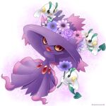  artist_name closed_mouth colored_sclera commentary_request floette flower gen_4_pokemon gen_6_pokemon happy highres holding holding_flower looking_to_the_side mismagius open_mouth pokemon pokemon_(creature) purple_flower red_eyes sasabunecafe smile tongue watermark yellow_sclera 