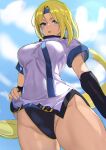 1girl ashiomi_masato bangs blonde_hair blue_eyes blue_sky breasts clothes_lift clothes_pull cloud cloudy_sky detached_sleeves from_above guilty_gear guilty_gear_x guilty_gear_xx headband highres large_breasts leotard long_hair looking_at_viewer millia_rage open_mouth skin_tight sky solo thick_thighs thighs 