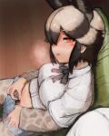  1girl african_wild_dog_(kemono_friends) african_wild_dog_print animal_ears animal_print aroused bangs black_bow black_hair black_pubic_hair blush bow bowtie breath brown_hair collared_shirt commentary_request couch cutoffs denim denim_shorts dog_ears extra_ears eyebrows_visible_through_hair female_pubic_hair fisheye from_above from_side furrowed_eyebrows grey_hair hair_over_one_eye half-closed_eye heart heart-shaped_pupils highres indoors kemono_friends legwear_under_shorts long_sleeves looking_at_viewer medium_hair midriff_peek multicolored_hair no_panties on_couch open_mouth orange_eyes parted_bangs pov print_legwear print_sleeves pubic_hair pubic_hair_peek pubic_hair_pull shibori_kasu shirt short_over_long_sleeves short_shorts short_sleeves shorts sidelocks sitting sketch solo_focus stomach symbol-shaped_pupils white_shirt 