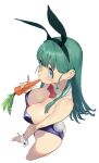  1girl animal_ears ass bangs bare_legs bare_shoulders blue_eyes blunt_bangs blush bow bowtie breasts bulma carrot cleavage commentary detached_collar dragon_ball dragon_ball_(classic) fake_animal_ears fake_tail from_above green_hair highres holding holding_carrot large_breasts long_hair looking_at_viewer nonco playboy_bunny rabbit_ears rabbit_tail red_bow red_bowtie red_neckwear simple_background solo tail white_background 