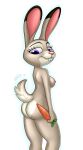  2017 anthro breasts buckteeth butt countershading disney eyebrows eyelashes female floppy_ears fur grey_body grey_fur hi_res hirurux holding_object judy_hopps lagomorph leporid looking_aside looking_down mammal nude pen pink_nose pinup portrait pose purple_eyes rabbit raised_eyebrows recording_device short_tail side_boob simple_background smile solo teeth three-quarter_portrait white_background zootopia 