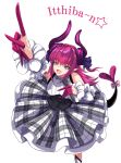  1girl asymmetrical_horns blue_eyes bow curled_horns detached_sleeves dragon_girl dragon_horns dragon_tail dress elizabeth_bathory_(fate) elizabeth_bathory_(fate)_(all) fate/extra fate/extra_ccc fate/grand_order fate_(series) flat_chest highres holding holding_microphone horns idol layered_dress long_hair microphone pink_hair plaid plaid_dress pointy_ears shima-shuu solo tail tail_bow tail_ornament 