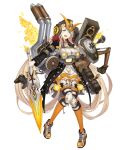 1girl :d absurdly_long_hair aqua_eyes armor blonde_hair cannon car controller excavator frills full_body game_controller ground_vehicle helmet holding holding_sword holding_weapon ji_no knee_pads long_hair looking_at_viewer motor_vehicle official_art open_mouth pigeon-toed rapunzel_(sinoalice) shoes sinoalice smile sneakers solo sword transparent_background upper_teeth very_long_hair weapon 