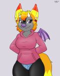  2018 anthro black_body black_fur blonde_hair breasts chiropteran clothed clothing ear_piercing eyelashes female fluffy fluffy_tail fur german_flag gradient_hair grey_background grey_body grey_fur hair hands_behind_back head_tuft hi_res hirurux hoodie horn looking_aside mammal multicolored_body multicolored_fur orange_body orange_fur orange_hair panties piercing portrait purple_eyes purple_nose red_body red_fur signature simple_background small_wings smile solo standing three-quarter_portrait topwear tuft underwear wings yellow_body yellow_fur 