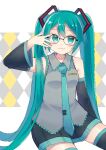  1girl :3 absurdly_long_hair ahoge aqua_eyes aqua_hair aqua_neckwear arm_support bare_shoulders bespectacled black-framed_eyewear black_legwear black_skirt blush closed_mouth collared_shirt commentary_request detached_sleeves dress_shirt glasses grey_shirt hair_between_eyes hatsune_miku long_hair looking_at_viewer necktie pleated_skirt sabako_akikan shiny shiny_hair shirt simple_background sitting skirt sleeveless sleeveless_shirt smile solo thighhighs twintails two-tone_skirt very_long_hair vocaloid zettai_ryouiki 