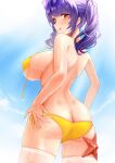  1girl :q absurdres ass azur_lane back bangs bikini bikini_tan blue_sky blush breasts cl_(summer_sama) closed_mouth cowboy_shot day dimples_of_venus eyebrows_visible_through_hair eyewear_on_head highres large_breasts long_hair looking_at_viewer looking_back lowleg lowleg_bikini micro_bikini outdoors pola_(azur_lane) pola_(seaside_coincidence)_(azur_lane) purple_hair red_eyes ribbon side-tie_bikini sidelocks skindentation sky smile solo starfish sunglasses sunlight swimsuit tan tanline thighhighs tongue tongue_out twintails untied untied_bikini white_legwear yellow_bikini yellow_ribbon 