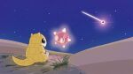  blue_eyes claws commentary_request gen_1_pokemon gen_7_pokemon highres minior night niiichi_21pk no_humans outdoors pokemon pokemon_(creature) sand sandshrew sitting sky star_(sky) 