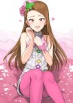  1girl :d bare_shoulders beret blush brown_eyes brown_hair butterfly_hair_ornament butterfly_ornament earrings feet_out_of_frame flower forehead hair_flower hair_ornament hand_on_own_chest hat heart highres idolmaster idolmaster_(classic) jewelry long_hair looking_at_viewer minase_iori open_mouth pantyhose pink_background pink_headwear pink_legwear princess_melody_(idolmaster) shirt sitting skirt sleeveless sleeveless_shirt smile solo tsurui white_background white_skirt 