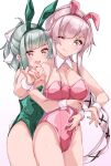  2girls absurdres animal_ears bare_legs bow bowtie breasts bunny_ears bunny_tail covered_navel detached_collar fake_animal_ears fake_tail flat_chest green_eyes green_hair green_leotard grey_hair hair_bow highres hug hug_from_behind kantai_collection leotard long_hair medium_breasts multiple_girls open_mouth pink_hair pink_leotard playboy_bunny ponytail side-tie_leotard strapless strapless_leotard tail uut very_long_hair wing_collar wrist_cuffs yura_(kancolle) yuubari_(kancolle) 