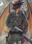  2020 anthro digital_media_(artwork) dragon gun hi_res holding_gun holding_object holding_weapon horn male membrane_(anatomy) membranous_wings naiterion ranged_weapon red_eyes scalie solo standing weapon western_dragon wings 