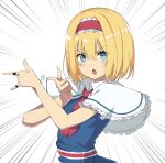  1girl :o alice_margatroid blonde_hair blue_dress blue_eyes blush capelet dress eha7y emphasis_lines hair_between_eyes hairband highres looking_at_viewer necktie open_mouth pose red_hairband red_neckwear short_hair simple_background solo touhou tsuki_ni_kawatte_oshioki_yo upper_body v-shaped_eyebrows white_background white_capelet 