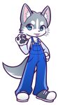  4_fingers absurd_res anthro blep blue_eyes blue_overalls canid canine cheek_tuft clothed clothing facial_tuft fingers footwear fur fur_tuft grey_body grey_ears grey_fur grey_tail hand_on_hip head_tuft hi_res inner_ear_fluff mammal mzkn overalls pawpads pink_inner_ear pink_tongue pockets solo tongue tongue_out tuft white_inner_ear_fluff 