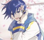  1boy 1c3ink3tk4n blue_eyes blue_hair cherry_blossoms flower hair_behind_ear hair_flower hair_ornament hair_tucking hand_up headset highres kaito male_focus open_mouth pale_skin petals scarf shy smile solo tree_branch tree_shade upper_body vocaloid wind 