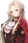  1girl blonde_hair breasts cape cravat edelgard_von_hresvelg fire_emblem fire_emblem:_three_houses garreg_mach_monastery_uniform gloves hair_ornament hair_ribbon highres kurosususu long_hair long_sleeves looking_at_viewer purple_eyes red_cape ribbon simple_background smile solo uniform white_hair 