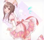  1girl :d angel_wings bangs blunt_bangs blush brown_eyes brown_hair chisumi flying_sweatdrops hat highres idolmaster idolmaster_cinderella_girls long_hair long_sleeves looking_at_viewer looking_back mizumoto_yukari open_mouth pink_legwear pink_shirt pink_skirt puffy_short_sleeves puffy_sleeves shirt short_over_long_sleeves short_sleeves skirt smile solo star_(symbol) sweat thighhighs wings 