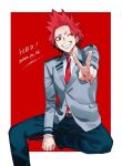  1boy belt blazer boku_no_hero_academia boots buttons dated forehead foreshortening grin highres invisible_chair jacket kirishima_eijirou looking_at_viewer male_focus necktie one_eye_closed red_eyes red_hair red_neckwear red_theme scar scar_on_face school_uniform sharp_teeth shoco_(sco_labo) short_eyebrows sitting smile spiked_hair teeth v veins 