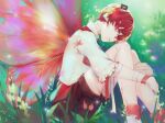  bandaid bandaid_on_nose blurry blurry_background boots fairy_wings flower forest frills fukase grass head_on_knees headphones leg_hug male_focus mini_flag misu_(stepforme) nature red_eyes red_hair ribbon shirt shorts sitting sleeves_past_elbows solo vocaloid white_shirt wings 