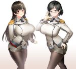  2girls absurdres bangs black_hair blunt_bangs blush breasts brown_hair choukai_(kancolle) collared_shirt cosplay effort_star epaulettes glasses gloves grey_eyes highres huge_breasts kantai_collection katori_(kancolle) katori_(kancolle)_(cosplay) kirishima_(kancolle) long_hair multiple_girls necktie pantyhose pencil_skirt red_eyes shirt short_hair skirt smile very_long_hair white_gloves 