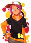  1boy artist_name baseball_cap bio_(bioshitto) black_shirt bracelet green_eyes hand_on_hip hat highres jewelry long_hair long_sleeves looking_at_viewer noguchi_souta orange_shirt pink_hair shirt simple_background standing tribe_cool_crew 