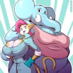  2018 anthro big_breasts black_eyes bottomwear breasts canid canine canis cleavage clothed clothing digital_media_(artwork) domestic_dog duo elephant elephantid eyebrows eyelashes fangs female hair happy hi_res horn huge_breasts kappadoggo lily_(sff) mammal monique_pussycat obese obese_anthro obese_female open_mouth orange_eyes overweight overweight_anthro overweight_female pants pink_hair pink_nose proboscidean proboscis_(anatomy) shirt signature simple_background super_fuck_friends tank_top teeth tongue topwear trunk_(anatomy) 