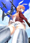  1girl a9b_(louis814) above_clouds absurdres animal_ears ass bangs blue_eyes blue_sky bunny_ears bunny_tail charlotte_e._yeager closed_mouth cloud commentary crotch_seam eyebrows_visible_through_hair flying foreshortening from_behind gun highres holding holding_gun holding_weapon jacket lens_flare long_hair long_sleeves looking_at_viewer looking_back military military_uniform motion_blur no_pants orange_hair p-51_mustang panties red_jacket rifle roundel shirt sky smile solo strike_witches striker_unit tail underwear uniform weapon white_panties white_shirt world_witches_series 