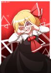  1girl ascot black_dress blonde_hair blouse bow bowtie cravat dress hair_bow hair_ribbon highres hoshii_1213 long_dress necktie red_bow red_eyes red_neckwear red_ribbon ribbon rumia shirt short_hair touhou triangle white_blouse white_shirt wing_collar 