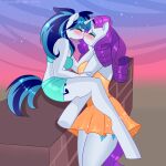  absurd_res anthro anthro_on_anthro blue_hair blush clothed clothing dress duo equid equine female female/female friendship_is_magic hair hi_res horn mammal my_little_pony purple_hair rarity_(mlp) unicorn vinyl_scratch_(mlp) white_body xjenn9 