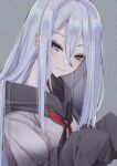  1girl bad_neck blue_eyes closed_mouth grey_background grey_sweater hair_between_eyes head_tilt highres light_smile long_hair looking_at_viewer project_sekai silver_hair simple_background solo sweater tsune_(tune) upper_body yoisaki_kanade 