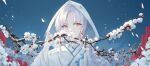  1girl absurdres close-up floral_print flower highres hood hood_up kaga_(warship_girls_r) long_hair solo tree_branch upper_body warship_girls_r white_flower white_hair white_hood wuzhuang_caikuangche yellow_eyes 