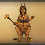  absurd_res anthro armor belly big_belly big_breasts bovid bovine breasts brown_hair cattle clothed clothing dark_body dark_skin european_mythology female greek_mythology gynomorph hair herm hi_res hooves horn human humanoid intersex jewelry loinsavage mammal minotaur mythology overweight partially_clothed solo taur teats udders weapon wide_hips 