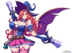  1girl bewitching_miss_fortune breasts candle cleavage eyes_visible_through_hair green_eyes hair_over_one_eye hat huge_breasts league_of_legends long_hair red_hair sarah_fortune simple_background tagme thighhighs torahime_(roland00) white_background witch_hat zettai_ryouiki 