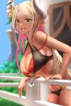  1girl absurdres bangs bare_shoulders bikini_lift blonde_hair blue_sky blush braco breasts cleavage dark_skin dark_skinned_female day draph flower granblue_fantasy hair_flower hair_ornament highres horn_ornament horn_ribbon horns kuvira_(granblue_fantasy) large_breasts lips long_hair looking_at_viewer multicolored_hair open_mouth outdoors parted_bangs pink_hair pointy_ears ribbon skindentation sky smile solo standing two-tone_hair upper_teeth window yellow_eyes 