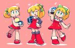  3girls :&gt; :d :o absurdres blonde_hair boots closed_mouth copyright_request dress flying_sweatdrops green_eyes green_ribbon hair_ribbon halftone hand_on_hip heart highres holding knee_boots legs_together long_sleeves looking_at_viewer mega_man_(series) motion_lines multiple_girls musical_note notice_lines one_eye_closed open_mouth parted_lips ponytail rariatto_(ganguri) red_dress red_footwear ribbon roll_(mega_man) short_dress smile spoken_musical_note standing standing_on_one_leg upper_teeth 