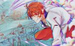 arsloid bandaid bandaid_on_face belt cityscape cloud from_above headphones jacket lapel male_focus misu_(stepforme) noise pants red_eyes red_hair red_pants solo vocaloid white_jacket wind zipper 