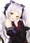  1girl :d animal_ear_fluff animal_ears artist_request bare_shoulders black_dress blush cat_ears commentary_request detached_sleeves dress hand_on_own_cheek hand_on_own_face hand_up highres hololive long_hair looking_at_viewer murasaki_shion open_mouth short_bangs silver_hair simple_background smile solo twintails upper_body white_background yellow_eyes 