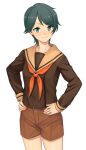  1girl bangs black_hair breasts brown_sailor_collar brown_shorts eyebrows_visible_through_hair hands_on_hips highres kantai_collection kumadano long_sleeves mogami_(kancolle) neckerchief orange_neckwear remodel_(kantai_collection) sailor_collar school_uniform serafuku short_hair shorts simple_background small_breasts smile solo white_background 