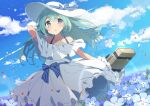  1girl bangs bare_shoulders collarbone dress eyebrows_visible_through_hair green_hair hat hat_ribbon holding holding_suitcase long_hair looking_at_viewer mochigome_(ununquadium) nemophila_(flower) original parted_lips ribbon solo suitcase white_dress 