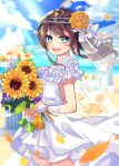  1girl :d ahoge alternate_costume beach blue_eyes blue_sky blurry blurry_background blush bouquet breasts bridal_veil brown_hair cloud cloudy_sky commentary cowboy_shot day dress earrings eyebrows_visible_through_hair eyes_visible_through_hair floating_hair flower hair_flower hair_ornament hair_ribbon holding holding_bouquet hololive jewelry light_rays looking_at_viewer medium_hair natsuiro_matsuri nitumaruta ocean open_mouth orange_flower outdoors petals ribbon ring rose sky sleeveless sleeveless_dress small_breasts smile solo sunflower sunlight tiara veil virtual_youtuber wedding_band wedding_dress white_dress white_flower white_ribbon white_rose wind wind_lift wrist_ribbon 