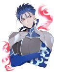 1boy armor blue_hair bodysuit crossed_arms cu_chulainn_(fate/extra) earrings fate/extra fate_(series) jewelry long_hair male_focus namahamu_(hmhm_81) pauldrons ponytail red_eyes red_fire shoulder_armor smile solo upper_body 