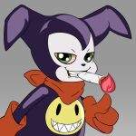  digimon digimon_(species) drugs fire humanoid imp impmon male marijuana purple_body scarf simple_background sketch smiling_at_viewer solo solo_focus zody300 