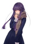  1girl asagami_(hnt16303310) asagami_fujino bangs blush coat fate/grand_order fate_(series) highres kara_no_kyoukai long_hair purple_hair red_eyes scarf simple_background solo white_background winter_clothes 