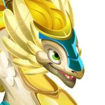  blue_snout dragon dragon_city feathers female fur guardian_angel_dragon hair happy horn scalie simple_background smile socialpoint solo spikes tongue video_games white_background yellow_body yellow_fur 