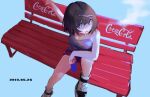  1girl air_kon bangs bench blue_background breasts brown_hair cigarette coca-cola dated holding large_breasts logo mouth_hold original purple_eyes purple_shorts shoes short_hair shorts simple_background sitting smoke smoking sneakers solo tank_top 