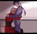  2boys archer_(fate) armor blue_hair blush comforting cu_chulainn_(fate)_(all) cu_chulainn_(fate/stay_night) dark_skin dark_skinned_male earrings face_to_pecs fate/grand_order fate_(series) head_on_chest jacket jewelry long_hair male_focus multiple_boys namahamu_(hmhm_81) pauldrons ponytail red_eyes red_jacket shoulder_armor sitting white_hair yaoi 